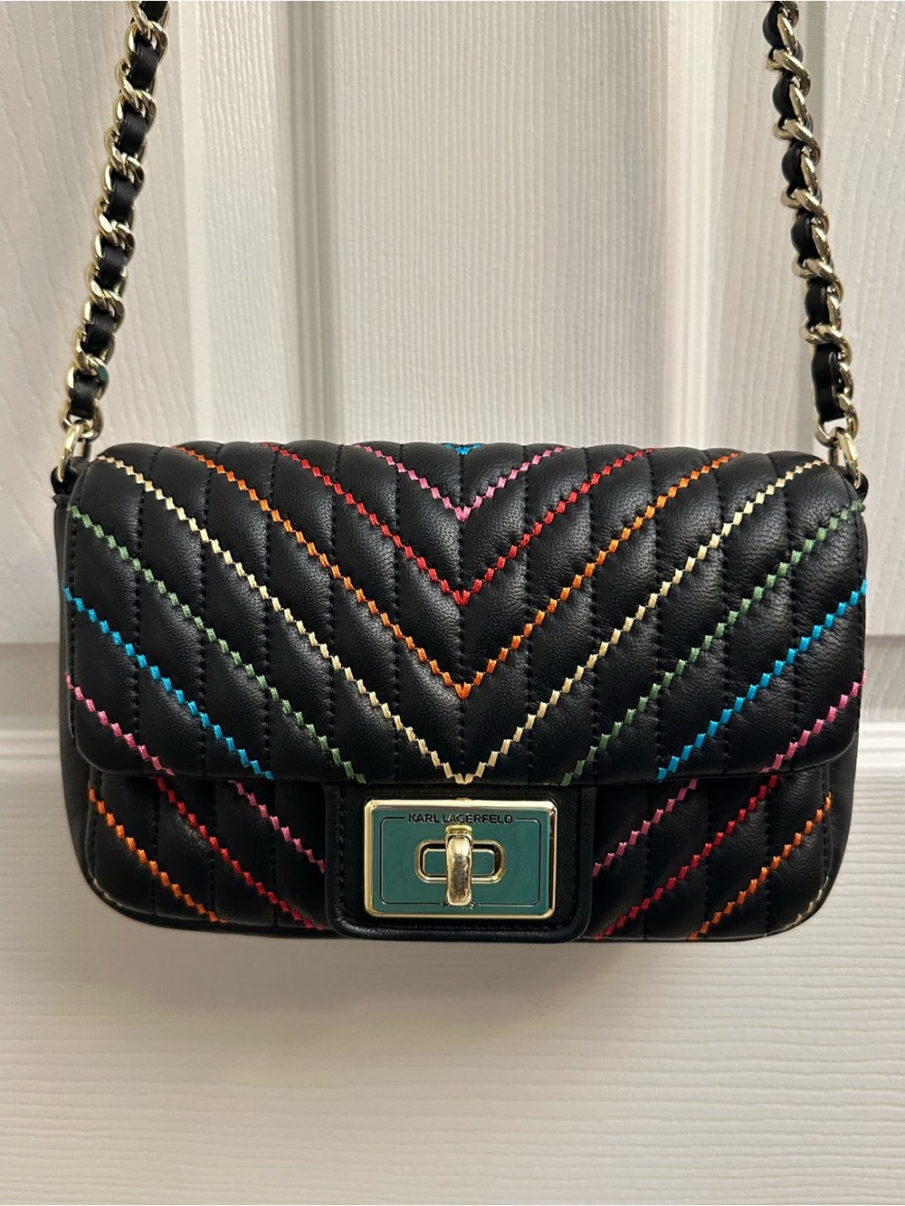Karl Lagerfeld Black Quilted Crossbody Bag with Multicolor Stitching